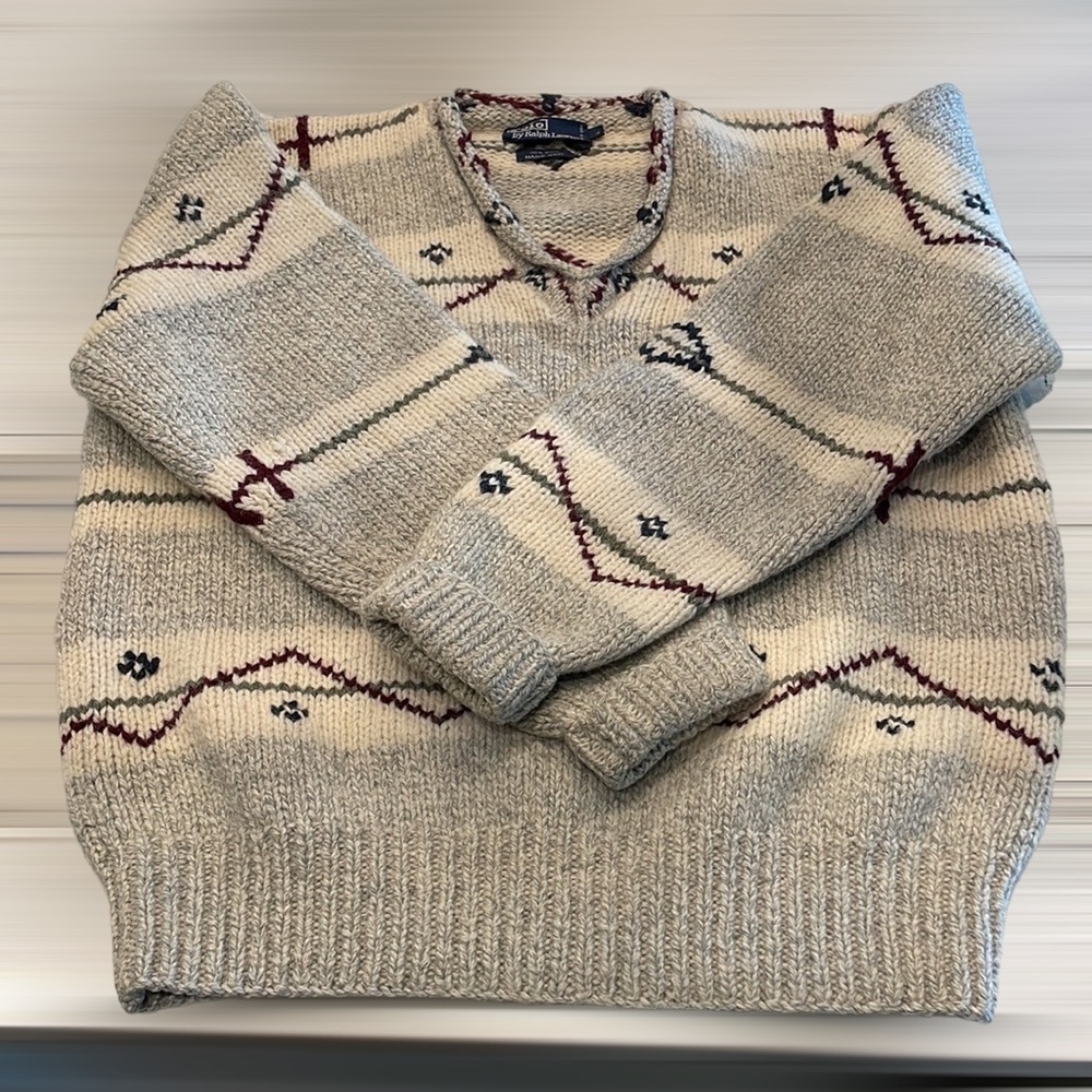 Polo Ralph Lauren 100% Wool Hand Knit Sweater Gray/Ivory/Red/Black L - Picture 4 of 9